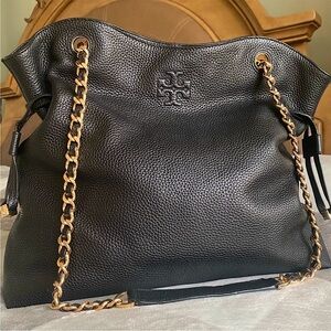 Tory Burch Black Leather Shoulder Bag with Gold Chain